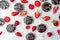 Strawberry biscuits and fruit on white fabric