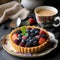 Strawberry, blueberry, blackberry and raspberry tart accompanied by a cup of coffee. Ai generated art