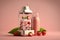 Strawberry and blueberry Smoothie Shake. Advertised with a pink tumbler banner, 3D illustration of glass two side bottle