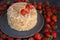 Strawberry cake, Napoleon, Millefeuille, Cream slice cake on dark background, Handmade dessert, Confectionery