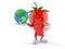 Strawberry character holding world globe