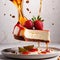 Strawberry cheesecake, dynamic food photography with splash effect