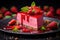 Strawberry cheesecake with fresh strawberries and mint on black background, Unveil the culinary artistry with macro food