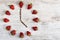 A strawberry clock with arrows from coffee beans showing a time of five or seventeen hours on a wooden vintage table in the kitche