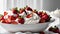 Strawberry with cream in white bowl. Closeup photorealistic concept design image