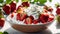 Strawberry with cream in white bowl. Closeup photorealistic concept design image