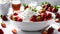 Strawberry with cream in white bowl. Closeup photorealistic concept design image