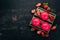 Strawberry Creamy Dessert. On a wooden background. Top view.