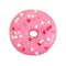 Strawberry donut with pink frosting and decorative hearts
