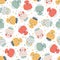 Strawberry faces seamless pattern in pastel palette. Vector naive hand drawn illustration of cute characters on confetti