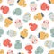 Strawberry faces seamless pattern in pastel palette. Vector naive hand drawn illustration of cute characters. Ideal for