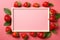 Strawberry frames minimalism on a soft pink matte, red allure