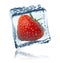 Strawberry frozen in ice cube, isolated