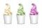 Strawberry frozen yogurt or soft ice cream, vanilla frozen yogurt or soft ice cream, in blank paper cup