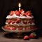 Strawberry fruit cake with white cream and candle darkness background