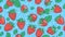 Strawberry garden print. Cute strawberries, cheerful bright graphic art. Fresh summer vitamins. Light blue background with polka