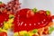 Strawberry heart gelatin with fruits and flowers on Valentines Day