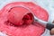 Strawberry ice cream. Creamy, melt.stawberry ice cream scoop.Closeup. top view