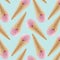 Strawberry ice cream in crisp waffle cones as seamless decorative pattern on green background, mock up for design.