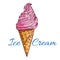 Strawberry ice cream in waffle cone sketch