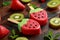 Strawberry ice lolly with fresh strawberries and kiwi on rustic wooden table