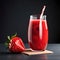 Strawberry juice in glass with straw placed on wooden table. Generative AI.