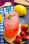 Strawberry juice and lemon soda juice mixed with soda. Add flavor Improve the health of the body can do at home. Juice on empty d