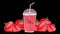 Strawberry juice and strawberries. Animation on a blank background.