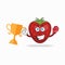 The Strawberry mascot character wins a boxing trophy. vector illustration