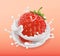 Strawberry and milk splash. Fruit and yogurt. 3d vector icon