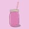 Strawberry milkshake in mason jar on pink background. Vector hand drawn illustration.