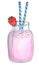 Strawberry milkshake, pink coloured drink. Summer berry, ice cream and milk cocktail in a glass jar, decorated with a red strawber