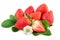 Strawberry. Organic strawberries with leaves and plant flower isoalted on white