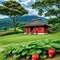 a strawberry patch nestled within a quaint countryside setting