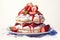 Strawberry Pavlova with whipped cream, fresh strawberries and fruit coulis sauce. Watercolour style digital illustration. White