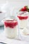 Strawberry rice pudding served in jar.Healthy breakfast.