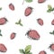 Strawberry seamless pattern. Hand-drawn red strawberry berries with green leaves on white background