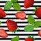 Strawberry seamless pattern. Ripe Strawberries on a striped black and white.