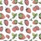 Strawberry seamless sketch pattern. Hand-drawn red strawberry berries with green leaves without background. Wallpaper