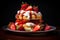 Strawberry shortcake on plate in front of dark background