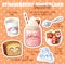 Strawberry Shortcake smoothie recipe illustration with funny characters. Milkshake ingredients cartoon vector icons