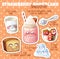 Strawberry Shortcake smoothie recipe illustration with funny characters. Milkshake ingredients vector icons