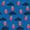 Strawberry in the sky, kids cute pattern for fabric and wallpaper. Seamless background with clouds, moon and stars.