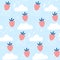 Strawberry in the sky, kids cute pattern for fabric and wallpaper. Seamless background with clouds, moon and stars.