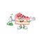 Strawberry slice cake genius Professor Cartoon character holding glass tube