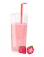 Strawberry smoothie in a glass with a straw, two whole and cut strawberries aside. Refreshing fruit drink and healthy
