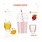 Strawberry smoothie recipe. Takeaway with pink liquid and ingredients sketch. Food and drinks isolated for healthy