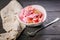 Strawberry sorbet with jam, berries and puffed rice. Homemade Delicious Dessert