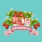 Strawberry sweet desserts with jam, cake, fresh berries and juice with pink ribbon cartoon vector illustration.