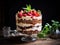 Strawberry tiramisu dessert with mascarpone and whipped cream, Italian cheesecake dessert, pudding or berry trifle cake